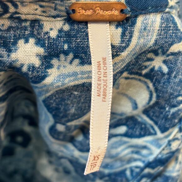 Free People Bare It All Blue All Over Print Linen Blend Tank Tie Back Boho XS - Picture 6 of 9